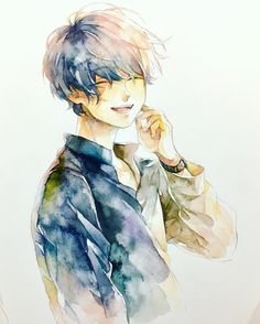 a watercolor painting of a young man talking on a cell phone with his hand to his ear