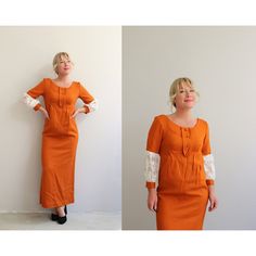 Deadstock, 1960's Renaissance Revival Style Dress In Women's Size Xs To Sm. Zips Up The Back Of The Dress With A Metal Zipper. Empire Waistline With Decorative Buttons Up The Yoke. Cream Colored Lace Inserts On The Sleeves And Gathering At The Waist. Straight Fit Skirt. Fabric Is A Thicker Style, Non Stretch Rayon In A Bold Pumpkin Orange. In Brand New Vintage Condition With Inner Paper Tags Still Attached. Brand: Madison 7 Ltd Size: Labeled An 11, Recommending A Women's Xs To Sm. For Reference: Sleeveless Collared Dress, 1970 Dress, 1960 Dress, Pumpkin Dress, Vintage Long Dress, Fit Skirt, Navy Blue Linen, Sequin Formal Dress, Terani Couture