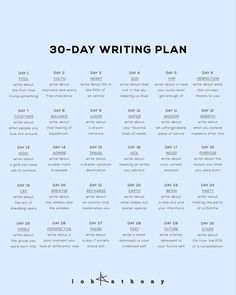 the 30 - day writing plan is shown in black and white, with blue background