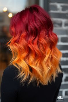 70+ Gorgeous Hair Color Trends For 2024 Fire Ombre Hair, Fire Hair Color, Orange Ombre Hair, Sunset Hair Color, Fire Red Hair, Flame Hair, Red Orange Hair, Cheveux Oranges, Yellow Hair Color