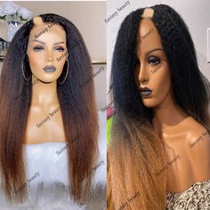 Ombre Brown V Part Wigs Virgin Human Hair Yaki Kinky Straight U Part Wig with Black Roots Glueless Part Wigs, Black Roots, Ombre Brown, U Part Wig, U Part, Brown Ombre, Human Hair, Wigs, Human