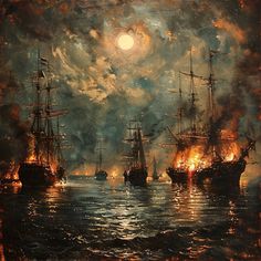 an oil painting of ships in the ocean at night