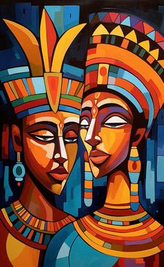 an abstract painting of two women wearing headdress