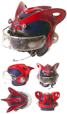 the helmet is red, white and blue with different designs on it's sides