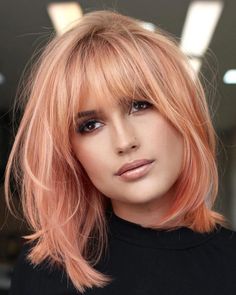 Wispy Peachy Bob with Bangs 2023 Bobs With Bangs, Bob Hairstyle With Bangs Women, Shoulder Length Hair Layers Bangs, Shoulder Length Bob Haircut With Bangs, Lob Hairstyle With Bangs, Shoulder Hair With Bangs, Wispy Front Bangs, Angled Bob Haircuts With Bangs, Layered Lob With Bangs