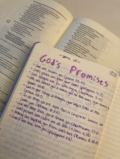 an open bible with the words god's promises written in pink ink on it