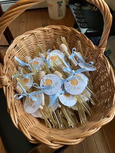 a basket filled with lots of cupcakes on top of a table