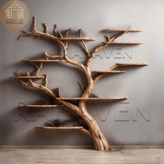 a wooden tree sculpture sitting on top of a table