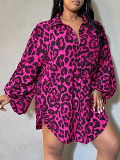 Sleeve Type:Bishop Sleeve \nNeckline:Collar \nType:Shirt \nColor:Hot Pink \nPattern Type:Textured Pattern \nSleeve Length:Long Sleeve \nLength:Long \nFit Type:Oversized \nFabric:Non-Stretch \nMaterial:Woven Fabric \nComposition:98% Polyester \nComposition:2% Elastane \nCare Instructions:Machine wash or professional dry clean \nBody:Unlined \nSheer:No \n Curved Hem Shirt, Plus Size Belts, Printed Flare Pants, Bachelorette Party Outfit, Plus Size Fall, Mua Sắm, Casual Tank Tops, Lantern Sleeve, Inspiration Mode