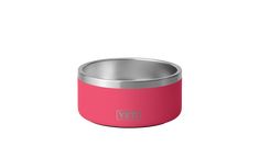 thermos cup is pink and stainless steel with a silver rim on it, sitting against a white background