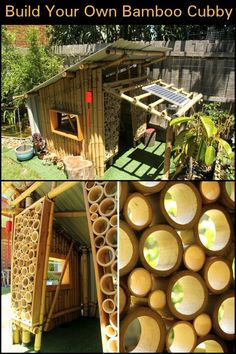 a collage of photos showing the inside of a house made out of bamboo tubes