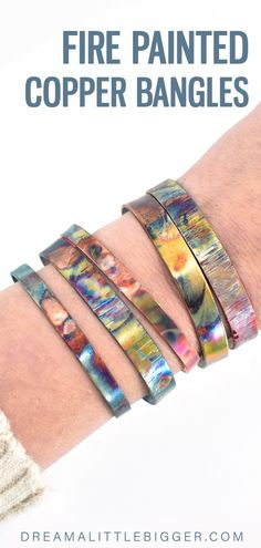 four different bracelets with the words fire painted copper bangles on it and an image of