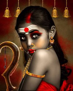 a painting of a woman with red makeup and gold jewelry, holding a snake in her hand