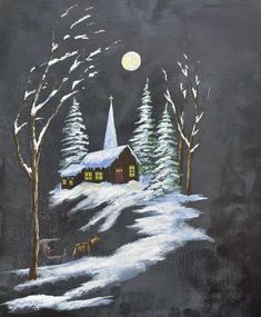 a painting of a snowy night with a church and trees in the foreground on a black background