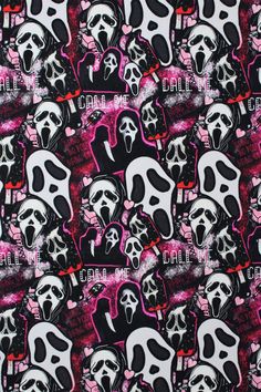 skulls and hearts are painted on the back of a black background with pink accents,