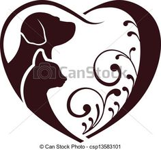 a dog and cat in the shape of a heart with swirls on white background