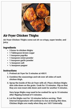 the recipe for air fryer chicken thighs is shown in this page, with instructions to make