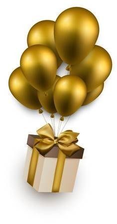 a gift box with gold balloons and a bow on top of it, flying in the air