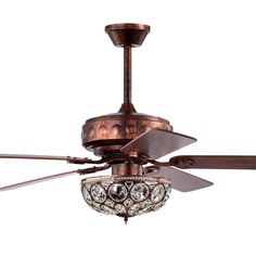 a ceiling fan with a chandelier hanging from it's center blade and two blades