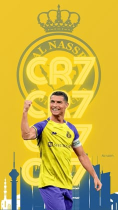 the soccer player is celebrating his team's victory in front of a yellow background