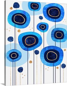 an abstract painting with blue flowers and gold circles on white canvas, ready to hang