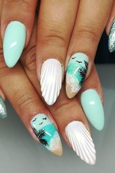 Cute Beach Vacation Nails, Cute Nail Inspo For Vacation, Beach Theme Nails Designs, Beach Theme Nails, Seaside Nails, Ocean Themed Nails, Cabo Nails, Beach Nails Vacation Ocean, Sea Nail Art