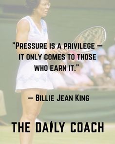 a woman holding a tennis racquet on top of a tennis court with a quote about pressure