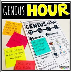 the genius hour poster with post it notes and sticky notes for students to write on