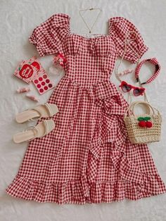 Red Gingham Dress Outfit, Cherry Outfits Ideas, Strawberry Girl Outfit, Strawberry Core Outfit, Cherry Themed Outfit, Americana Coquette Outfit, Cherry Girl Outfit, Different Aesthetics Fashion Types, Red Picnic Dress