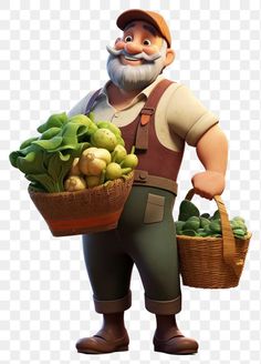 an animated man holding a basket full of vegetables