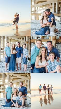 a family posing for pictures on the beach