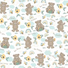 seamless teddy bears with rainbows and clouds on a white background for children's wallpaper