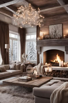 a living room filled with furniture and a fire place in front of a window covered in candles