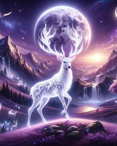 a deer standing on top of a lush green field under a full moon filled sky