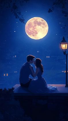 a couple sitting on a bench in front of a full moon with the sky lit up