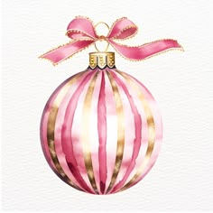 a pink and gold striped ornament with a bow on it's top