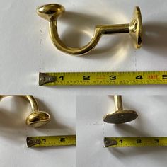 four images of brass handles with measuring tape