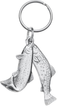 two fish are hanging from a key chain