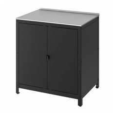 a metal cabinet with two doors on wheels