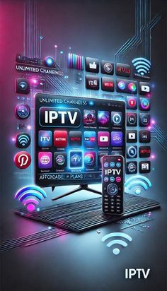 an advertisement for the iptv network with various icons and symbols on it's screen