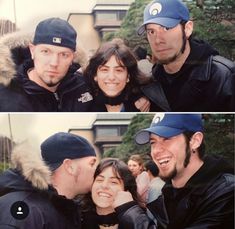 two pictures of people with hats on and one has his face close to the camera