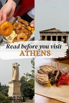 the collage shows different food items in front of an ancient monument and statue with text reading read before you visit athens