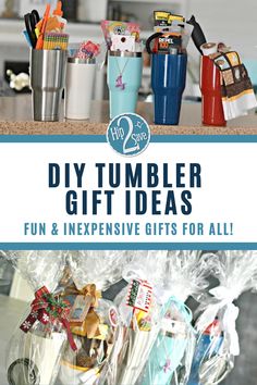 the words diy tumbler gift ideas fun and expensive gifts for all are shown