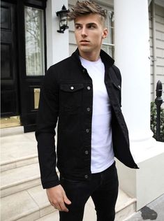 Jean Jacket Outfits Men, Black Jacket Outfit, Outfits For Teenage Guys, Stylish Spring Outfit, Black Outfit Men, Herren Style, Jean Jacket Outfits, Denim Jacket Outfit, Mens Casual Outfits Summer