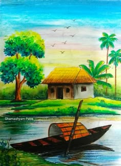 a drawing of a boat in the water with a hut on it's roof