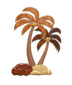 a wooden sculpture of two palm trees and seashells