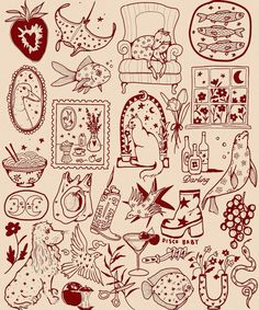 an image of a bunch of different things in red ink on white paper, with the words