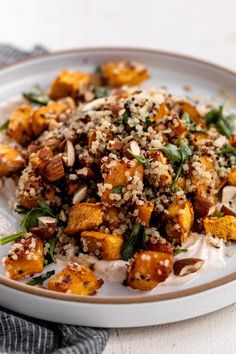 Roasted Pumpkin Salad with Quinoa and Spiced Yogurt topped with chopped almonds Pumpkin Kale Salad, Roasted Pumpkin Salad, Acorn Squash Roasted, Savory Quinoa, Roast Pumpkin Salad, Salad With Quinoa, Pumpkin Quinoa, Savory Pumpkin, Pumpkin Syrup