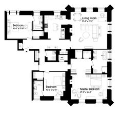 the floor plan for an apartment with two separate rooms and one living room on each side