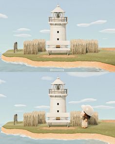 there are two pictures of a lighthouse on the same page, and one has a person sitting in front of it